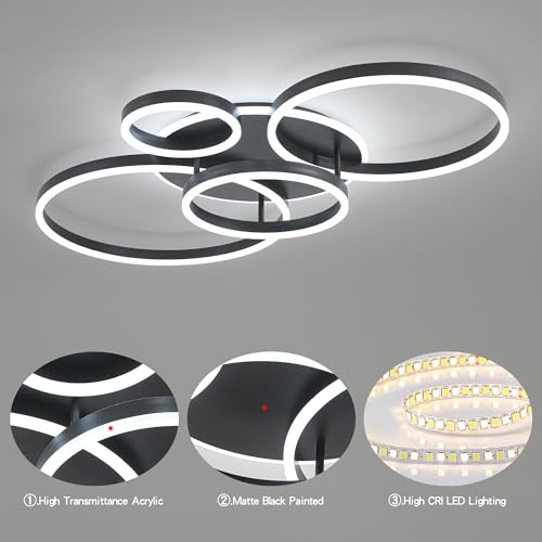 Flush Mount Modern Ceiling Light Black Led Modern Light Fixtures Ceiling Mount Lights 4 Rings Led Chandelier Lamp Fixture with Remote for Living Room Kitchen Dining Room Bedroom