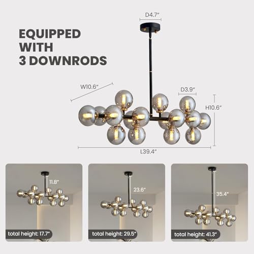 16 Lights Mid Century Modern Chandelier Black Linear Chandelier Light Fixtures Glass Globe Sputnik Pendant Light for Dining Room Kitchen Island