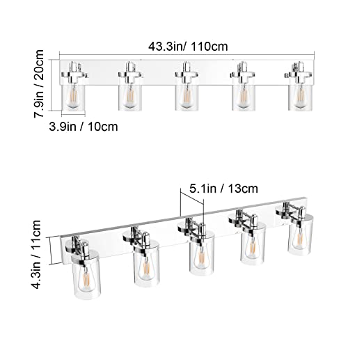 Chrome Bathroom Light Fixtures 5 Light Bathroom Vanity Light Stainless Steel with Clear Glass Shade