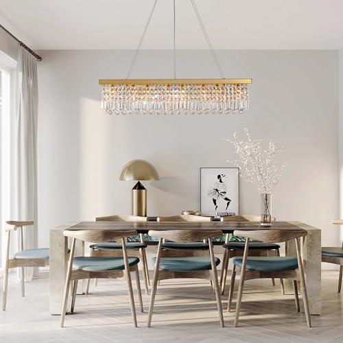 Rectangle K9 Crystal Chandelier Modern Gold Crystal Chandelier Rectangular Pendant Lighting Fixture for Dining Room Kitchen Island Bedroom L47'' x W10'' x H10''