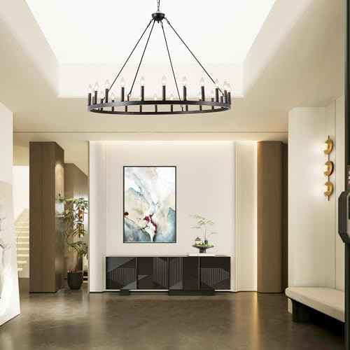 Black Wagon Wheel Chandelier Kitchen Table Lighting 24 Lights Rustic Farmhouse Dining Room Lights Chandeliers Industrial Pendant Lighting for Dining Room Kitchen Island (6 Count)