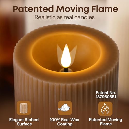 Brown Ribbed Moving Flame Flameless Pillar Candles with Remote (Warm Brown)