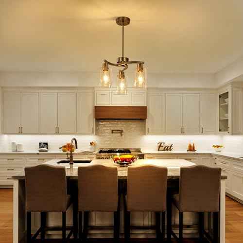 3 Light Brushed Nickel Dining Room Light Fixture,Modern Kitchen Chandeliers Over Table，Adjustable Height Industrial Hanging Pendant Lights for Kitchen Island with Glass Shade
