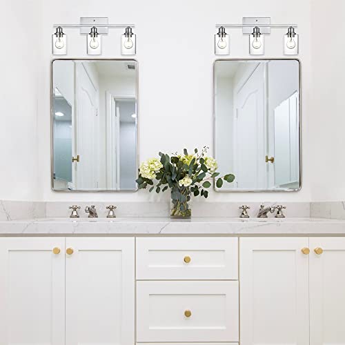 3 Light Wall Light Fixture with Clear Glass Shade Classic Bathroom Vanity Lighting Fixture in Chrome Finish Metal Wall Mounted Lamp for Powder Room Hallway (3 Count)