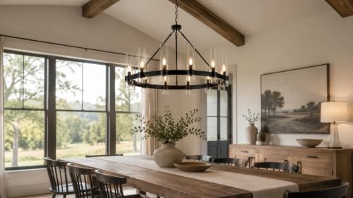 38 Inch Black Wagon Wheel Chandelier with Glass Shade
