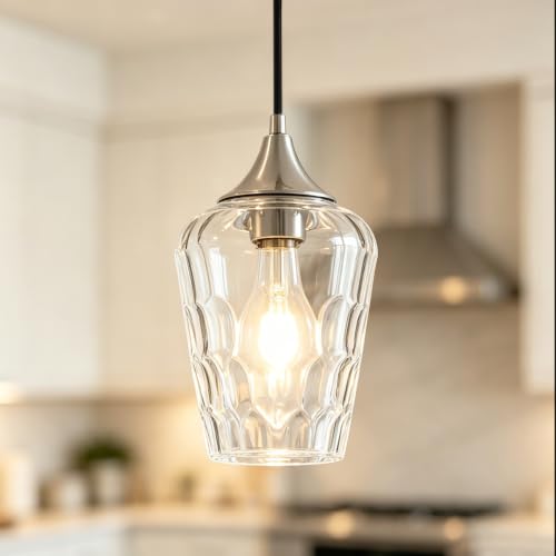 3 Pack Brushed Nickel Pendant Lights Kitchen Island Hammered Glass Shade