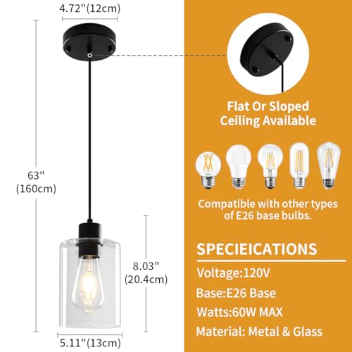 2 Pack Glass Pendant Lights Kitchen Island Black Hanging Light Fixtures