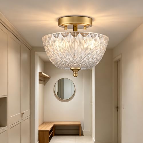 Gold Semi Flush Mount Ceiling Light with Clear Globe Glass Shade