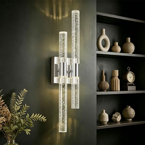 Modern LED Vanity Light Bubble Crystal Sconces Wall Lighting Chrome Wall Sconce Hardwired 21.25in 4000K Vertical and Horizontal Wall Mounted Sconces for Bedroom Living Room Hallway（1