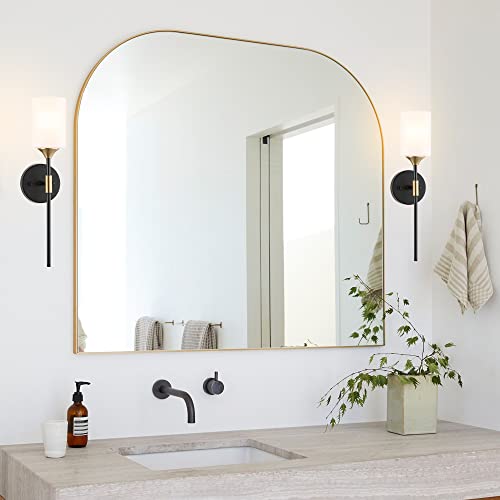 Industrial Mid Century Wall Sconce Set of 2 with White Cylinder Glass Shades Modern Bathroom Vanity Wall Lamp Black and Gold Finished Wall Light Fixture (2 Count)