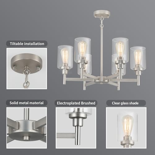 6 Light Brushed Nickel Chandeliers for Dining Room Light Fixture