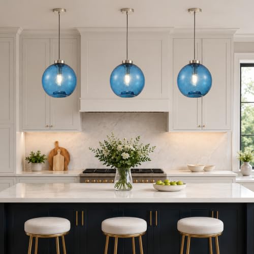 11.8" Coastal Blue Globe Seeded Glass Kitchen Island Pendant Light