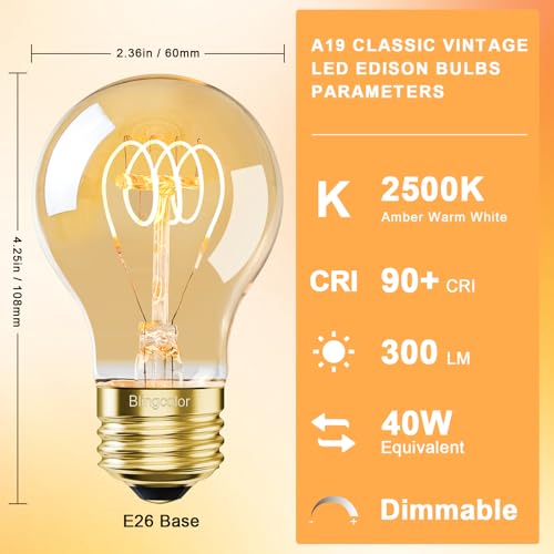 Dimmable E26 4W LED A19 Vintage Edison Decorative Light Bulbs 40 Watt 2500K (4 Count)
