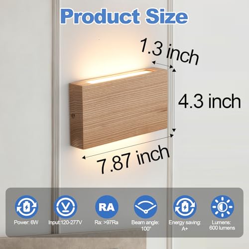 Natural Wood LED Wall Sconce Wood Wall Sconce Indoor Wall Lights Hardwired 2 Pack Up and Down Wall Mount Light 3000K