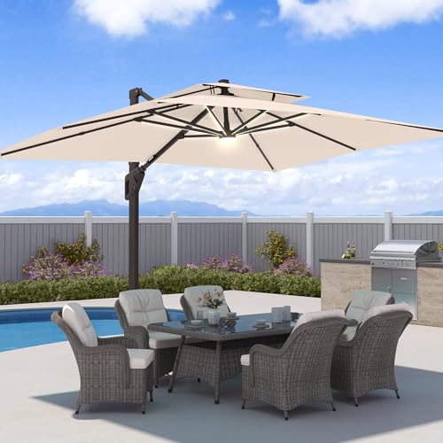 9x12 FT Patio Cantilever Outdoor Umbrella with Base and LED Lights