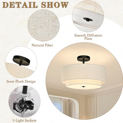 16 Inch 3 Light Semi Flush Mount Ceiling Light Fixture Modern 2 Pack Black Drum Ceiling Light Fixture with 2 (2 Count)
