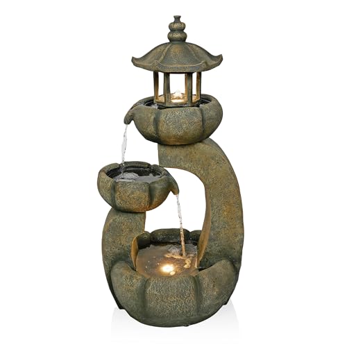 32" Tall 2 Layer Pagoda Polystone Fountain with LED Lights