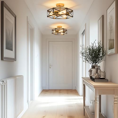 Modern Farmhouse Black and Gold Semi Flush Mount Ceiling Light 14.6 in