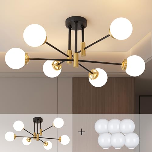 Sputnik Ceiling Light Fixture 6 Light with Milk White Glass Shade