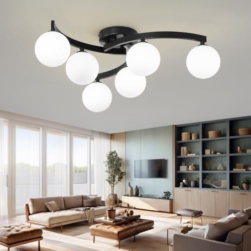 Modern Mid Century Black Glass Globe Semi Flush Mount Ceiling Light Fixture