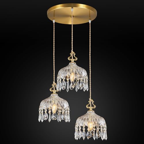3 Light Pendant Light Fixtures Brass Vintage Glass Pendant Lights Crystal Hanging Light Fixtures (3 Count)