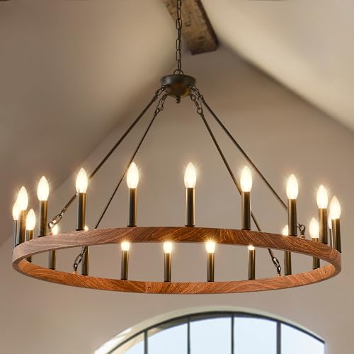 Wood Grain Wagon Wheel Chandelier 40" 20