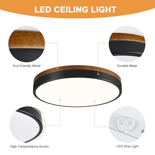 Modern Walnut Wood Black Flush Mount Ceiling Light 11.81 Inch