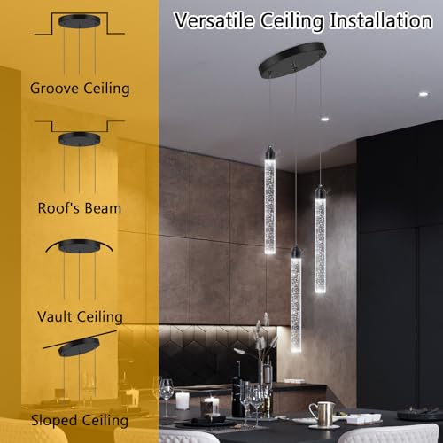 3 Light Black Pendant Lighting Mini Chandelier for Kitchen Island Modern Crystal LED Pendant Light Adjustable Dimmable Pendant Light Fixture for Dinning Room Bedroom Ceiling Hanging Lights 2700K 6000K
