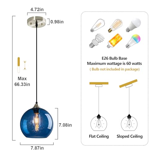 Blue Glass Pendant Lights Kitchen Island Lighting Globe Pendant Light Fixtures Modern Pendant Lighting for Kitchen Island Bedroom Living Dining Room Light Fixture
