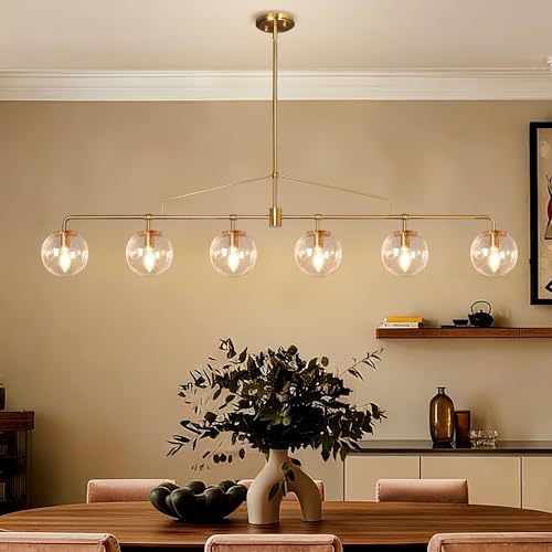 Gold Linear Chandelier 6 Lights Seeded Glass Globe Pendant Light