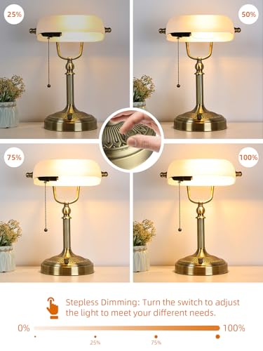White Matted Stepless Dimmable Glass Bankers Desk Lamp