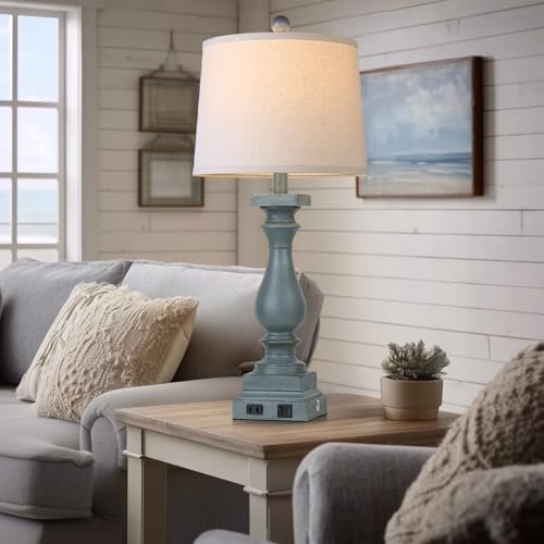 28" Tall Farmhouse Table Lamp with USB C+A Ports and AC Outlet