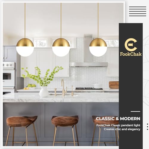 10in Glass Gold Pendant Light Globe Mid Century Modern Kitchen Island Pendant Lighting Brass Frosted Glass Hanging Light Fixtures Milky White Ball Pendant Lights for Dining Room Entry Bathroom