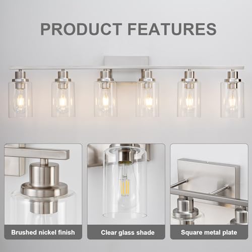 6 Light Bathroom Light Fixtures Brushed Nickel Vanity Light Over Mirror Modern Farmhouse Wall Lighting Sconces Wall Lamp for Bathroom