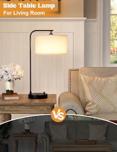 White Side Table Lamp with USB Port and Outlet