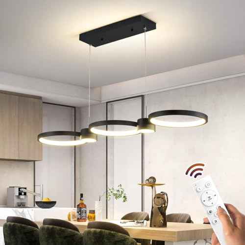 Modern LED Chandelier Light, 3000-6500K Dimmable Modern Pendant Light Fixture with Remote Control, Height-Adjustable Island Light Ceiling Hanging for Dining Room Kitchen (Black, 3Ring- 36IN)