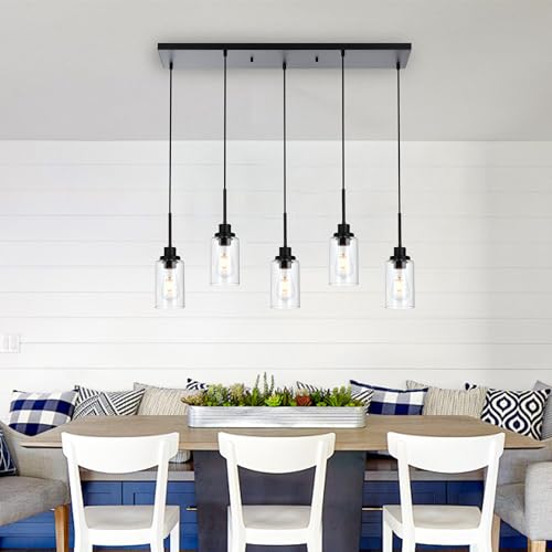 5 Light Black Pendant Lights for Kitchen Island with Clear Glass