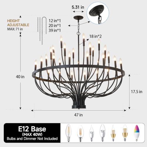 33 Light Candle Chandelier 48" Large Black Modern Foyer Chandelier