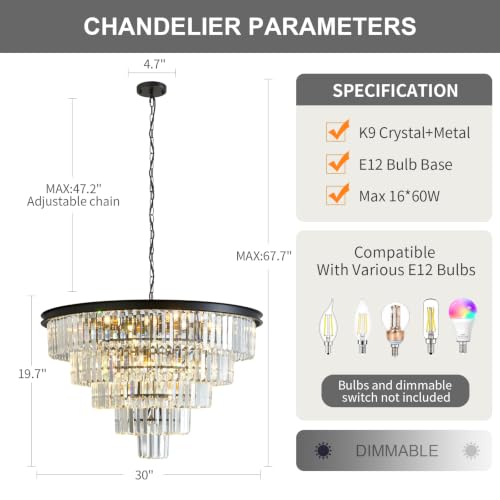 Large Crystal Chandelier 30'' Modern Black Dining Room Light Fixture
