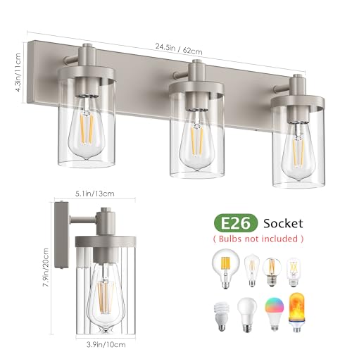 Brushed Nickel Bathroom Light Fixtures 3 Lights Vanity Light for Bathroom Lighting Fixtures Over Mirror
