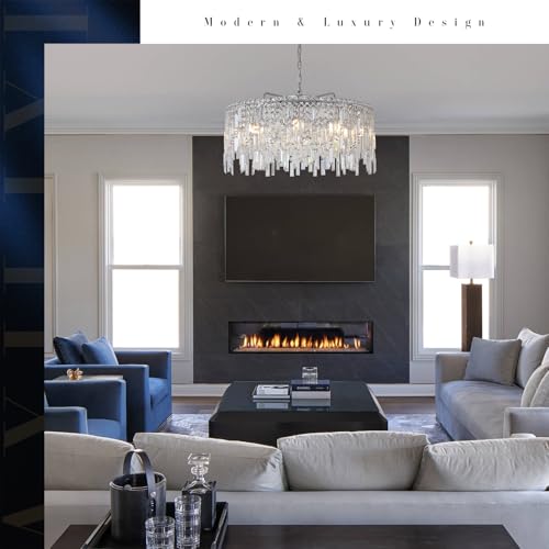 Large Crystal Chandelier 30'' Chrome Modern Chandelier for Dining Room 10 Light Drum Chandelier Luxury K9 Raindrop Crystal Ceiling Pendant Fixtures for Living Room Bedroom Staircase Foyer