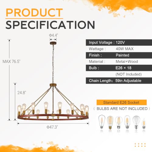 Farmhouse Wagon Wheel Chandelier 47" Rustic Gold Chandelier for Dining Room