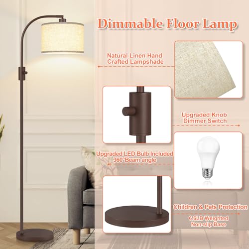 Upgraded Modern Arc Dimmable Tall Standing Floor Lamp with Linen Shade