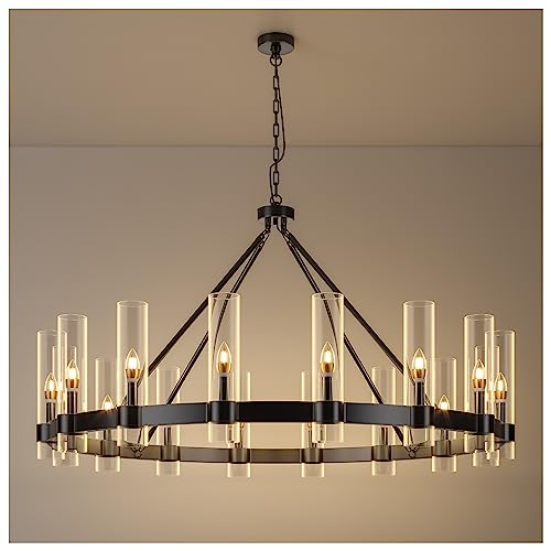48 Inch Black Wagon Wheel Chandelier with Glass Shade