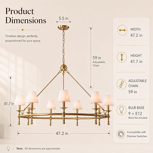 9 Lights W47 inch Vintage Brass and White Pleated Fabric Chandeliers for Dining Room Mid Century Modern Large Round Chandeliers Classic Wagon Wheel Pendant Light for Living Room
