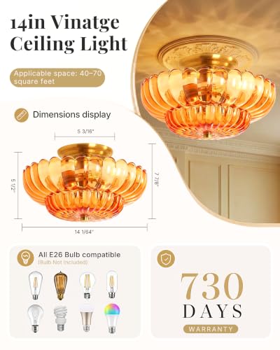 Semi Flush Mount Ceiling Light Fixture 14" Vinatge Gold Ceiling Lights Mid Century Modern Orange Glass Close to Ceiling Lighting Fixtures for Bedroom Hallway Kitchen Laundry Room Bathroom