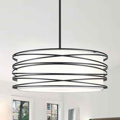 19.7'' 5-Light Black Drum Chandelier - Black and White Industrial Light Fixtures Modern Farmhouse Pendant Light for Kitchen Island Dining Room Hallway Kitchen Island Bedroom