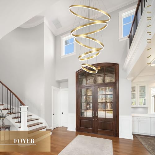 Gold Modern LED Chandeliers 5 Rings Chandelier for High Ceiling 31" Large Foyer Chandelier Entryway Dimmable Pendant Light Fixture for Living Room Staircase (5 Count)