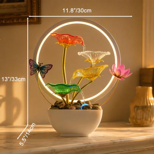 Tabletop Fountain Acrylic Lotus Indoor Fountain Water Feature for Zen Home Office Fengshui Decor Warm Light