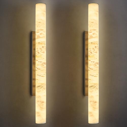 Natural Alabaster Wall Sconces Set of Two Spanish Marble Wall Light Cylinder Modern Black LED Sconce for Living Room Bedroom Bathroo Stairs（L (2 Count)
